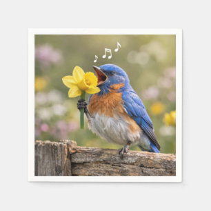 Bluebird Singing Into a Yellow Daffodil Napkin