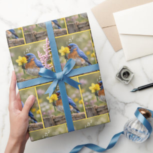 Bluebird Singing Into a Yellow Daffodil Wrapping Paper