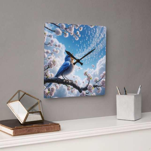 Bluebird Singing On a Cherry Tree Branch Square Wall Clock (Office)