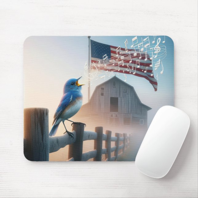 Bluebird Singing With American Flag Mouse Mat (With Mouse)