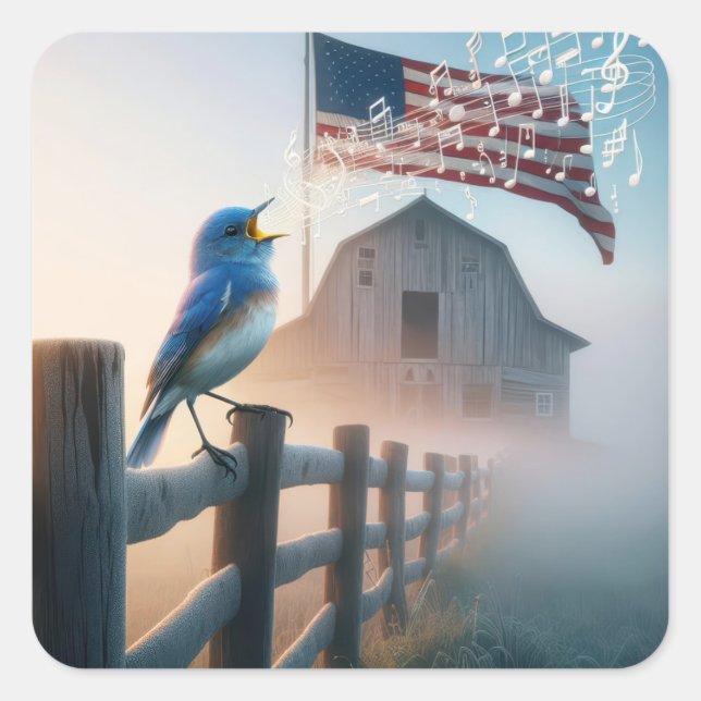 Bluebird Singing With American Flag Square Sticker (Front)
