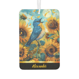 Bluebird sings among sunflowers car air freshener