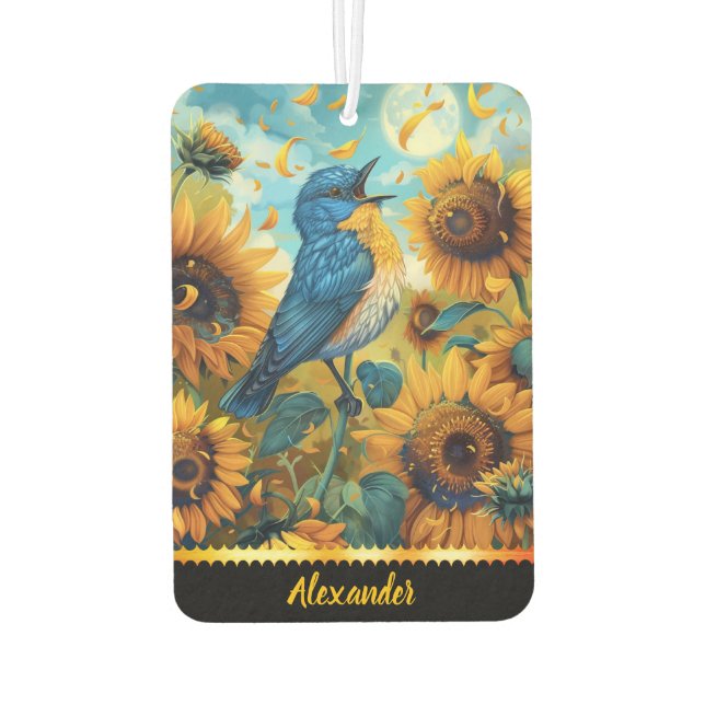 Bluebird sings among sunflowers car air freshener (Back)