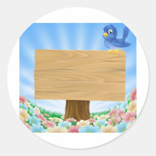Bluebird sitting on wood sign with flowers classic round sticker