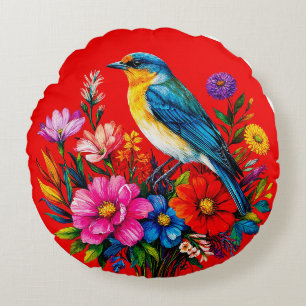 🕊️ Bluebird Spring Floral Garden Art Gift For Her Round Cushion