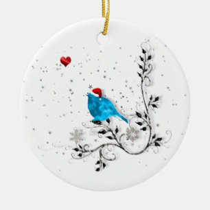 Bluebird Watching A Christmas Heart Ceramic Tree Decoration