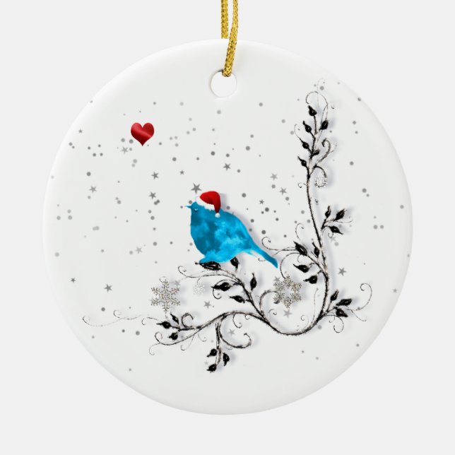 Bluebird Watching A Christmas Heart Ceramic Tree Decoration (Front)