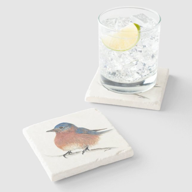 Bluebird Watercolor Art Stone Coaster (Side)
