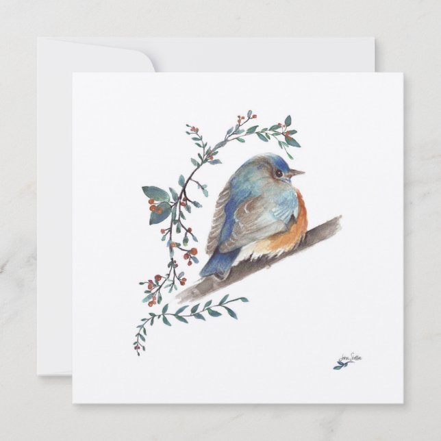 Bluebird Watercolor Berries Greenery Art (Front)