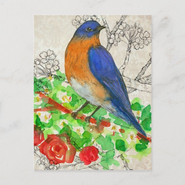 Bluebird Watercolor Red Roses Collage Postcard (Front)