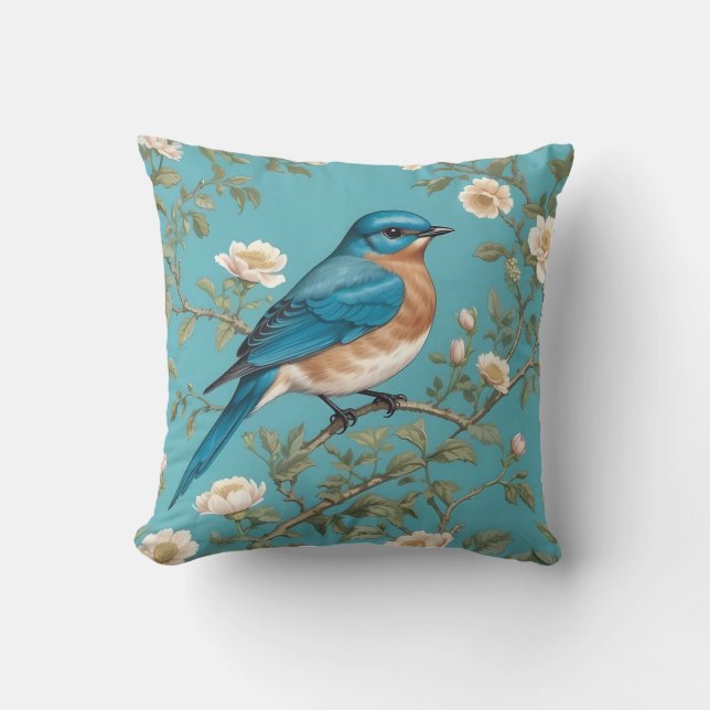 Bluebird William Morris Inspired Turquois  Cushion (Front)
