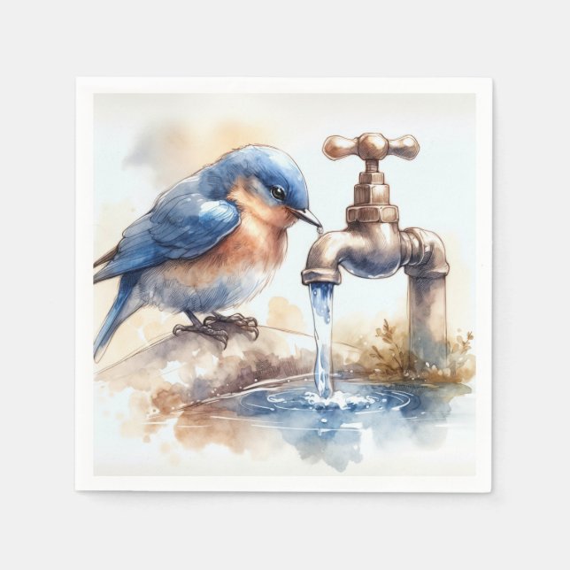 Bluebird With Flowing Water Out of a Faucet Napkin (Front)