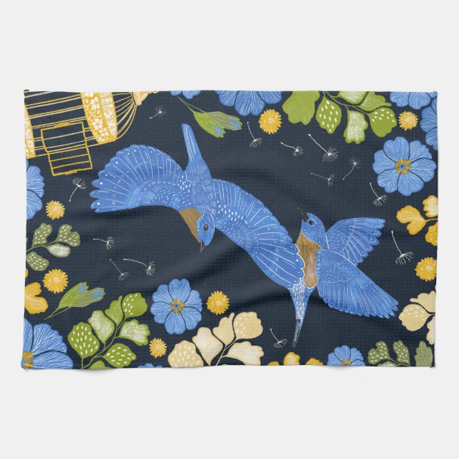 Bluebirds and flowers art tea towel (Horizontal)
