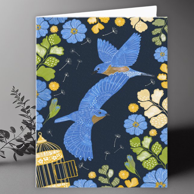 Bluebirds and Flowers Drawing Blank Card (Creator Uploaded)