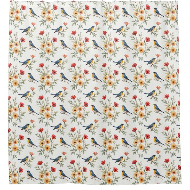 Bluebirds and Flowers Shower Curtain (Front)