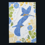 Bluebirds and flowers tea towel<br><div class="desc">This pretty Spring floral pattern features blue zebra primrose flowers,  leaf elements,  and green fern leaves along with two flying bluebirds. Hand drawn,  original artwork.</div>