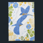 Bluebirds and flowers tea towel<br><div class="desc">This pretty Spring floral pattern features blue zebra primrose flowers,  leaf elements,  and green fern leaves along with two flying bluebirds. Hand drawn,  original artwork.</div>