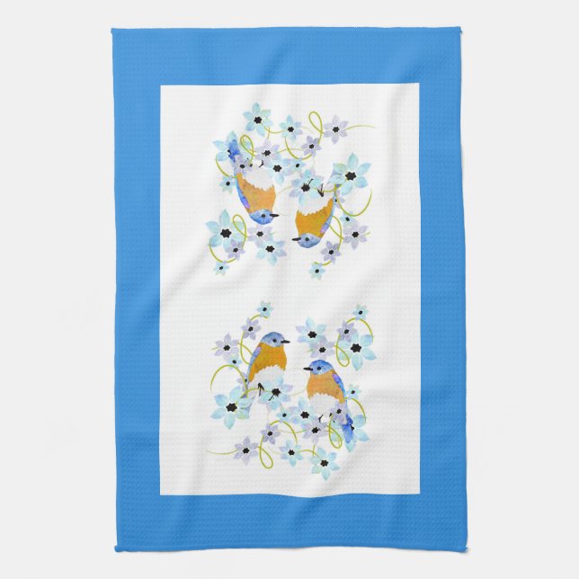 Bluebirds and flowers watercolor Tea Towel (Vertical)