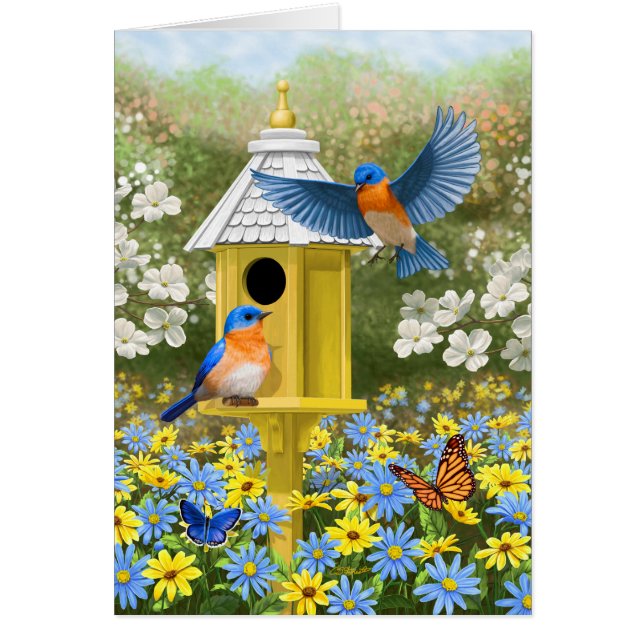Bluebirds and Hexagon Birdhouse Blue (Front)