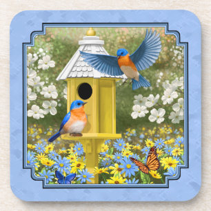 Bluebirds and Hexagon Birdhouse Blue Coaster