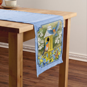 Bluebirds and Hexagon Birdhouse Blue Medium Table Runner