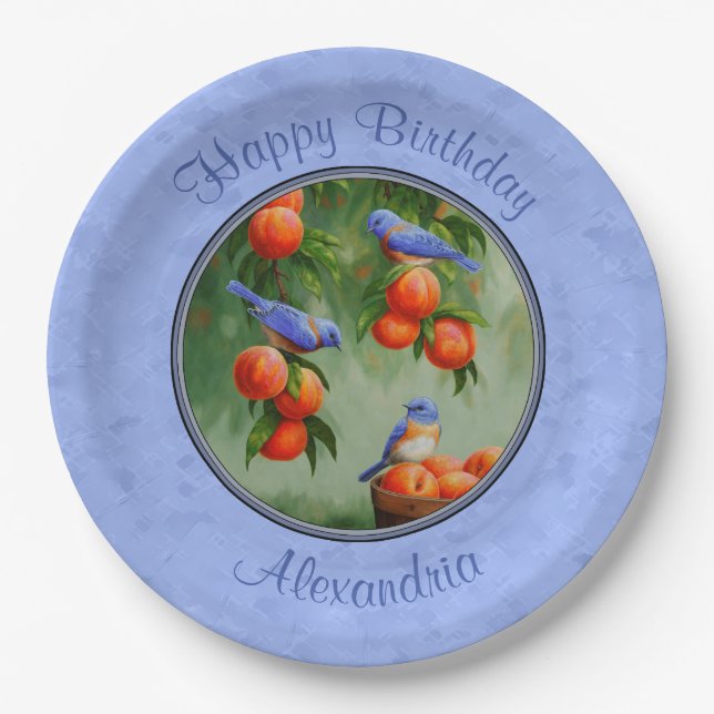 Bluebirds and Peaches Blue Paper Plate (Front)