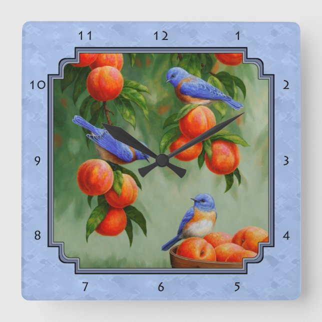 Bluebirds and Peaches Blue Square Wall Clock (Front)