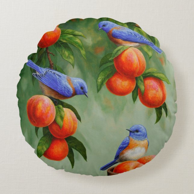 Bluebirds and Peaches Round Cushion (Front)