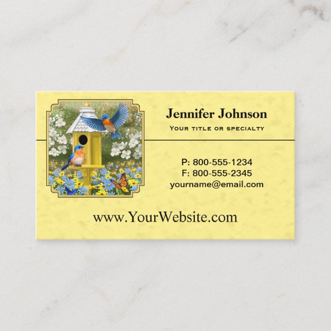 Bluebirds and Round Birdhouse Yellow Business Card (Front)