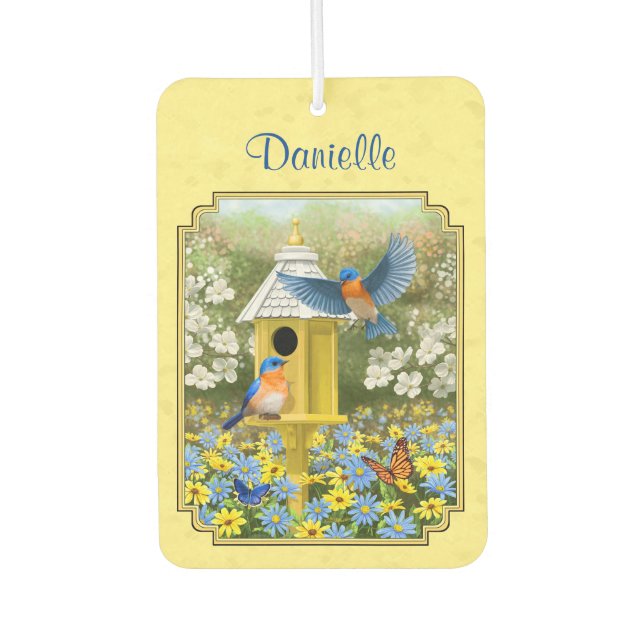 Bluebirds and Round Birdhouse Yellow Car Air Freshener (Front)