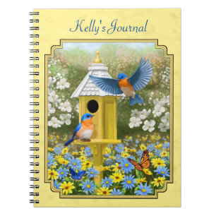Bluebirds and Round Birdhouse Yellow Notebook