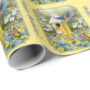 Bluebirds and Round Birdhouse Yellow Wrapping Paper