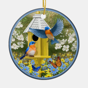 Bluebirds and Tall Yellow Birdhouse Ceramic Tree Decoration
