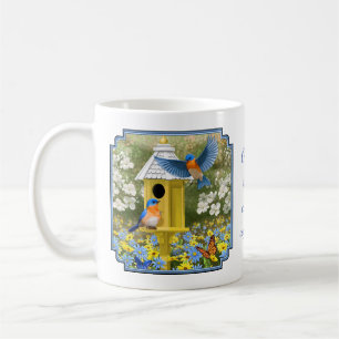 Bluebirds and Tall Yellow Birdhouse Coffee Mug