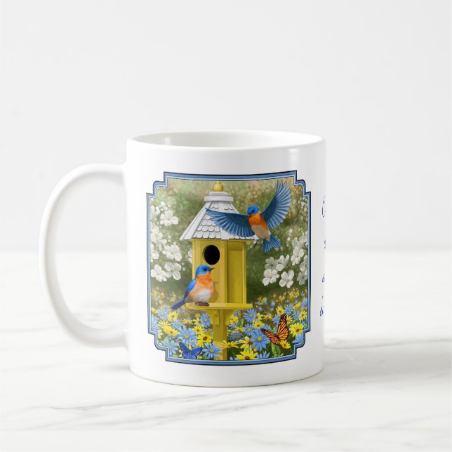 Bluebirds and Tall Yellow Birdhouse Coffee Mug (Left)