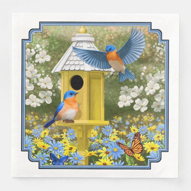 Bluebirds and Tall Yellow Birdhouse Napkin (Front)