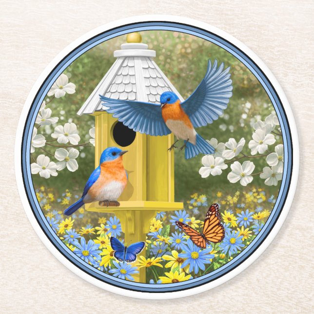 Bluebirds and Tall Yellow Birdhouse Round Paper Coaster (Front)