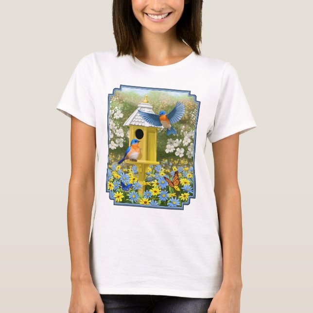 Bluebirds and Tall Yellow Birdhouse T-Shirt (Front)