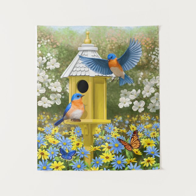 Bluebirds and Tall Yellow Birdhouse Tapestry (Front)