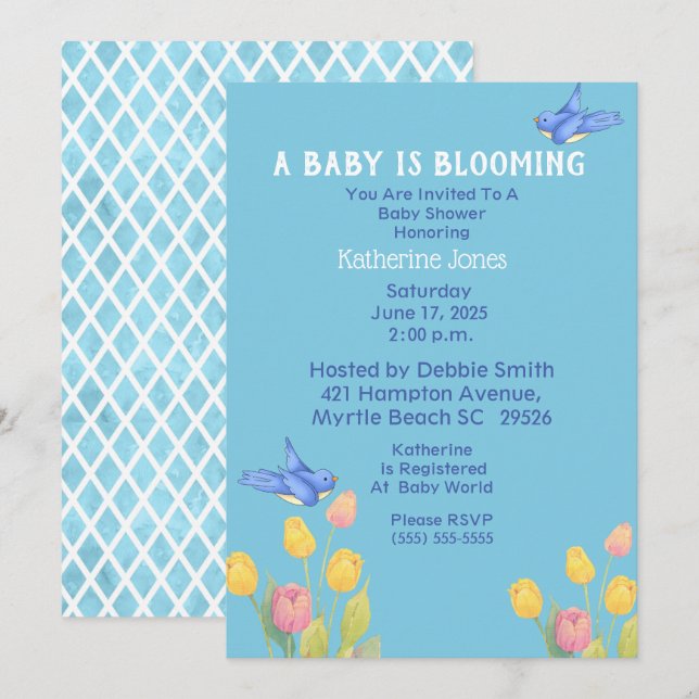 Bluebirds Baby Shower /A Baby Is Blooming Invitation (Front/Back)