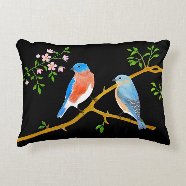 Bluebirds Black Accent Pillow (Front)