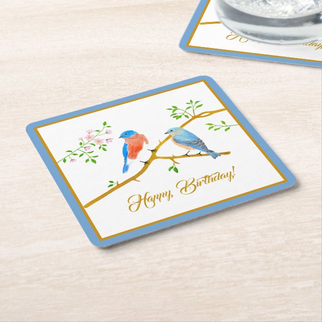 Bluebirds Blue Frame Square Paper Coaster (Angled)