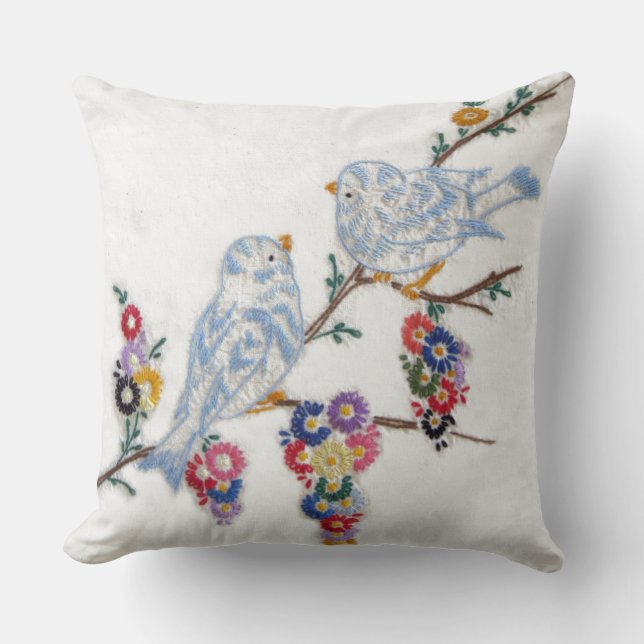 Bluebirds Embroidered by Alice Flynn Cushion (Front)