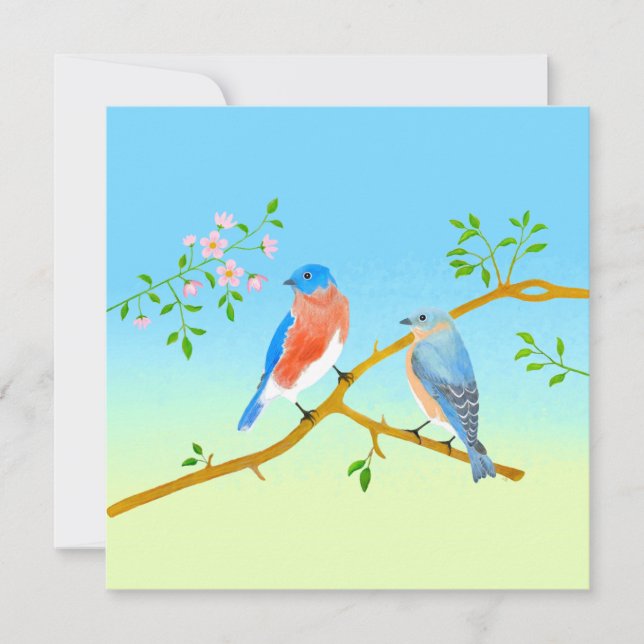 Bluebirds Flat Valentine's Card Pale Blue & Green (Front)