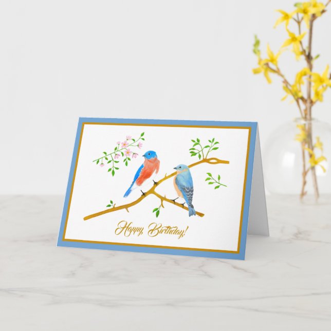 Bluebirds Folded Greeting Card (Yellow Flower)
