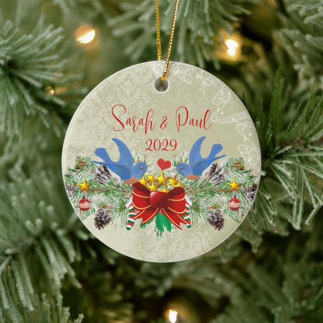 Bluebirds Garland Pinecones Christmas & Photo Ceramic Tree Decoration (Tree)