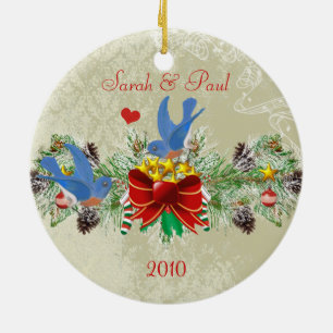 Bluebirds Garland Pinecones Christmas & Photo Ceramic Tree Decoration