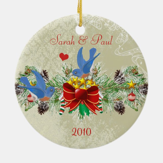 Bluebirds Garland Pinecones Christmas & Photo Ceramic Tree Decoration (Back)