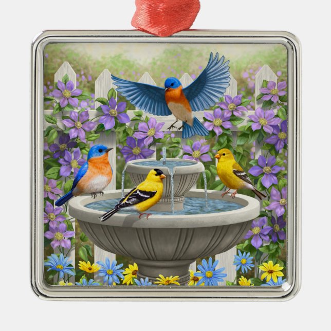 Bluebirds Goldfinches and Fountain Birdbath Metal Tree Decoration (Front)