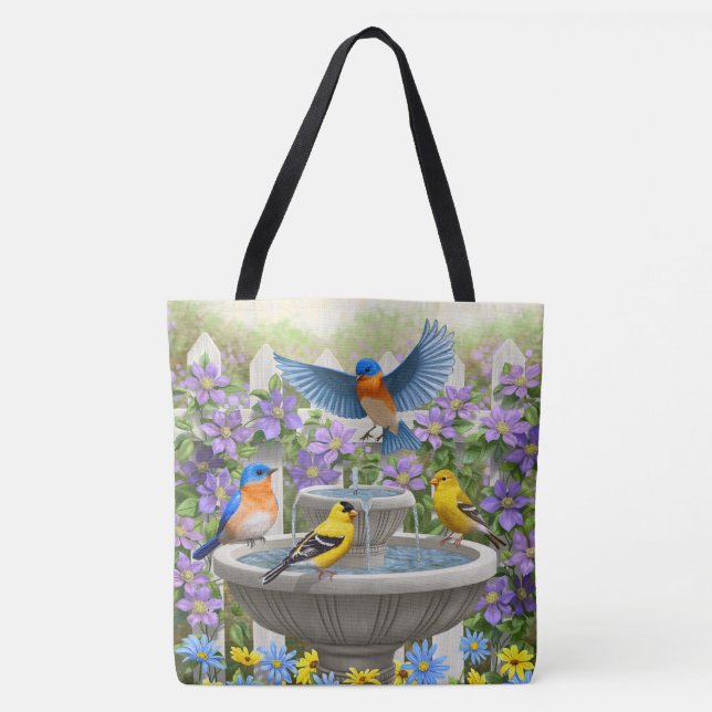 Bluebirds Goldfinches and Fountain Birdbath Tote Bag (Front)